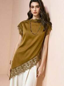 Camisa de mujer  en color caqui, de tela popelín, con parche de encaje de unicolor elegante y bajo asimétrico, elegante para citas, atuendos de verano para mujeres, blusas de verano - Caqui - Ver 2