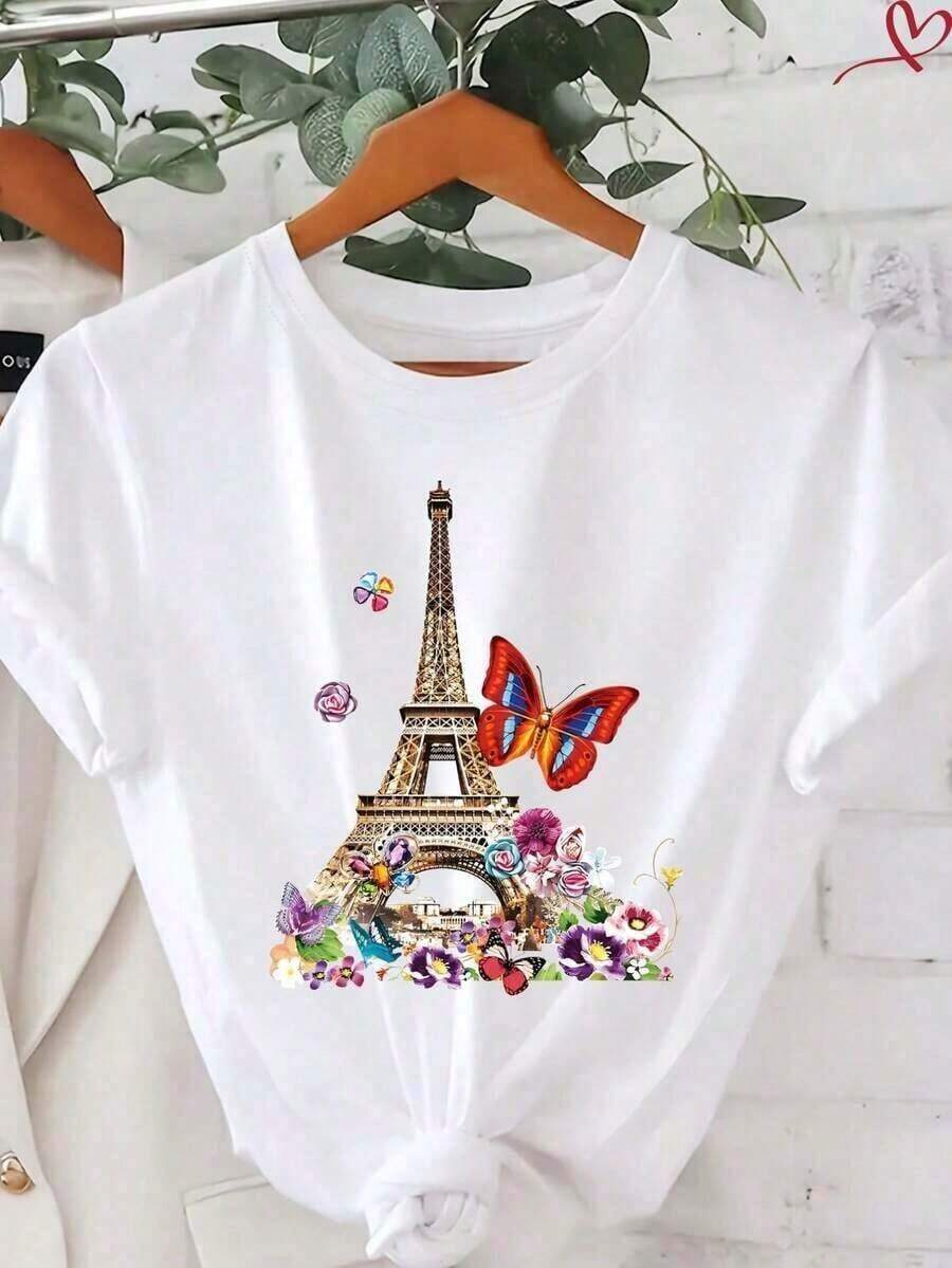 Camiseta Casual de Manga Corta para Mujer, Mezcla de Algodón, con Estampado de Coche 'Chasing The Horizon', Cuello Redondo, Largo Regular - Estilo_ar - Ver 1