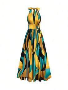 Nuevo vestido maxi de diseño elegante y sexy de estilo francés con cuello en V, halter, cintura expuesta, espalda descubierta, corte evasé y abertura, sin mangas, con estampado floral rojo y verde, de alta calidad y sofisticado para mujeres - Amarillo - Ver 4