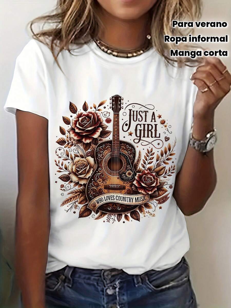 Graphic T-Shirt For Country Music Lovers - A Country Music Floral Print With Guitar, Round Neck And Short Sleeves, Soft And Stretchy For Summer And Spring, Women's Casual Clothing - 白色 - 查看 1