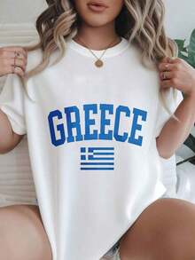Camiseta Casual de Mujer con Diseño de la Bandera de Grecia Vintage Impreso en Tela Blanca, Adecuada para Todas las Temporadas  
 BlackFashion - Blanco - Ver 1