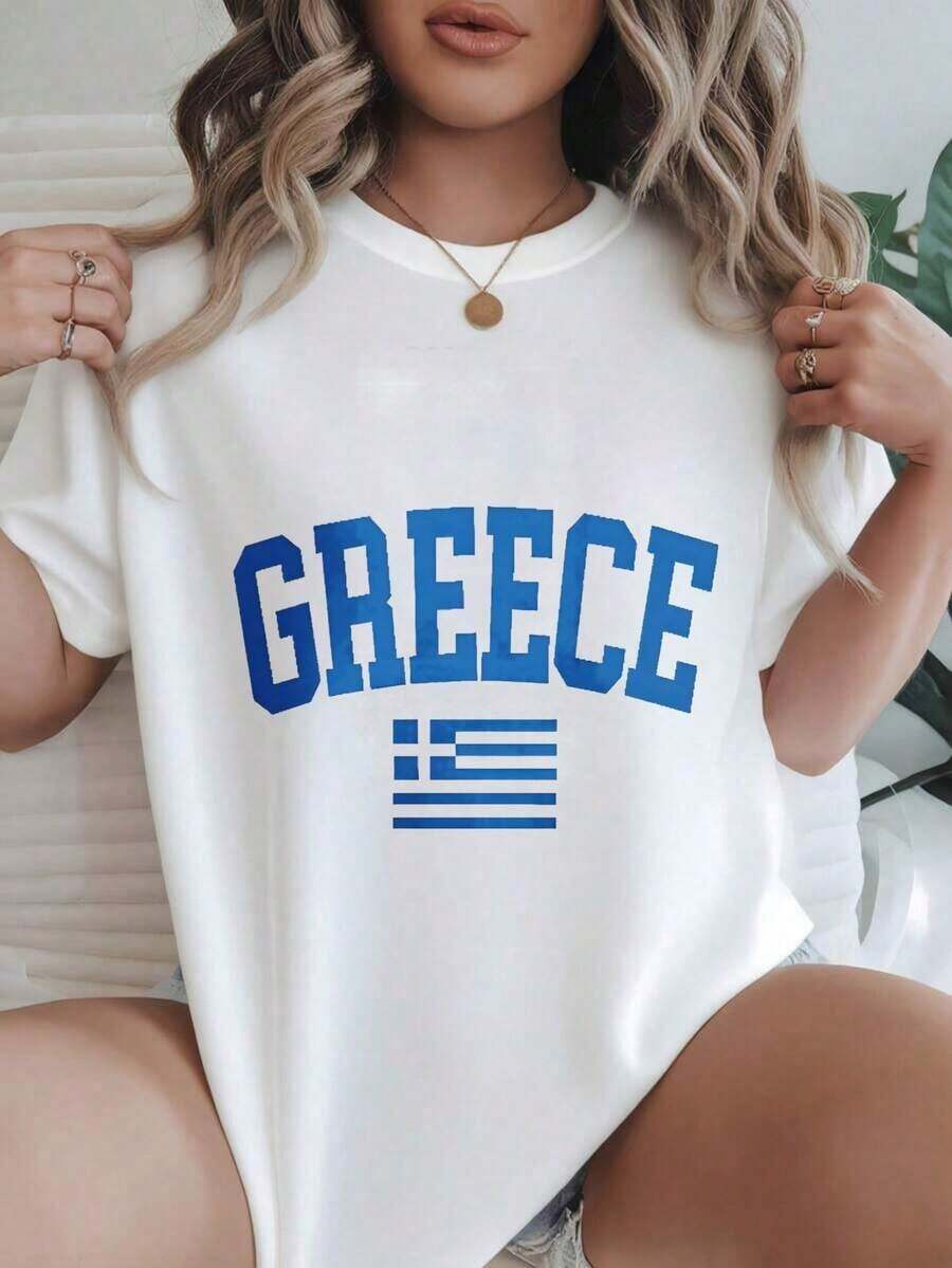 Camiseta Casual de Mujer con Diseño de la Bandera de Grecia Vintage Impreso en Tela Blanca, Adecuada para Todas las Temporadas  
 BlackFashion - Blanco - Ver 1
