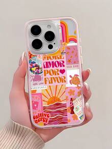 Resort Style 1pc Pink Frame Minimalist Lens Protection Sunlight & Wave Collage Pattern Phone Case, Compatible With IPhone 16 Pro Max, 17/16/15/14 Plus, 13/12/11, Air, Series - Multicolor - View 3