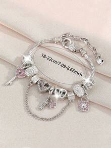 1pc Women's Daily Wear Valentine's Day Snake Chain Heart-Shaped Paw Print Rhinestone Romantic Silver & Pink Charming Bracelet - Multicolor - View 2