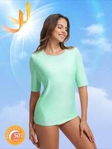 Baleaf UPF50+ Rash Guard For Women Elbow Length UV Protection Swim Shirts Quick Dry Sun Shirts Lightweight Swimsuits Top - 淺綠 - 查看 5