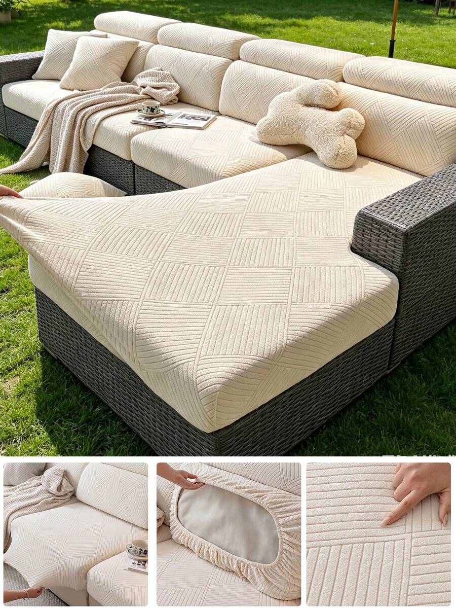 1pc Solid Color Plush Elastic Patio Cushion Cover, Outdoor Sofa Cushion Slipcover, Super Stretchy Replacement Cushion Cover, Suitable For Outdoor Sofa, Patio Sofa, Pet Friendly, Washable - Beige - View 1