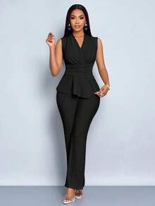 Conjunto de dos piezas liso para mujer: Top sin mangas con cintura fruncida y pantalones de corte ajustado - Sencillo, elegante e ideal para el día a día o reuniones de negocios. - Negro - Ver 2