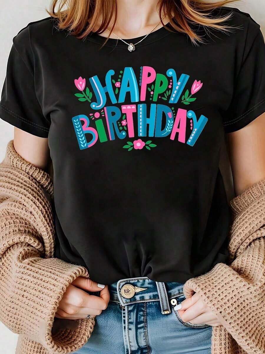 Women's Vintage Casual T-Shirt "Birthday Queen King", Short Sleeve, Round Neck, Elegant And Casual For Ladies. - 黑色 - 查看 1