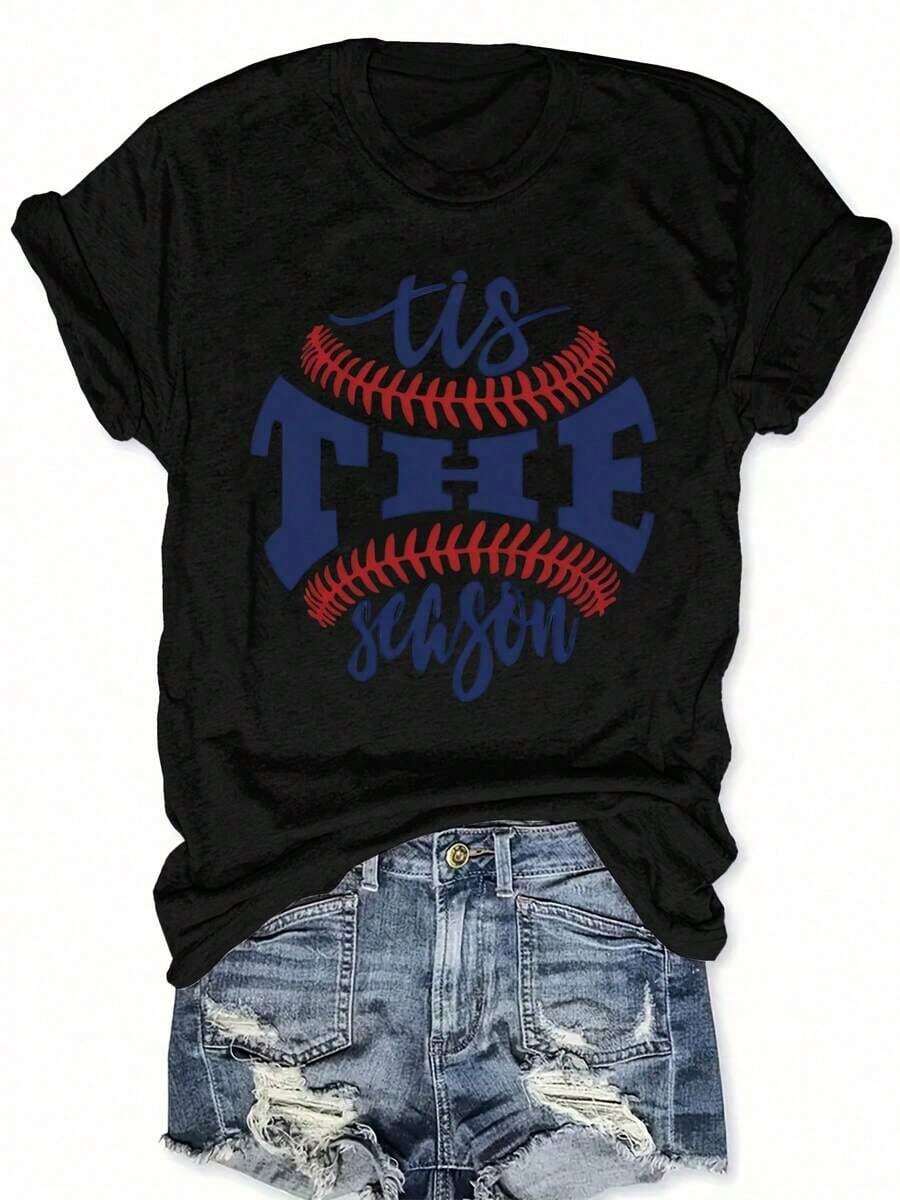 Camiseta de Cuello Redondo con Estampado de Letras para Primavera/Verano, Top Casual de Manga Corta para Mujer, Ropa de Verano - Negro - Ver 1