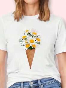 Nueva Camiseta de Moda con Estampado Gráfico para Mujer, Diseño de Dibujos Animados-09 (2)Camiseta > Hermosa. - Blanco - Ver 1