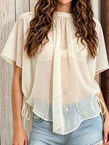 Womens Mesh Poncho Tops Mock Neck Loose Fit Solid Color See Through Flowy Summer Cover Up Shawl Wrap Blouse - White - View 1