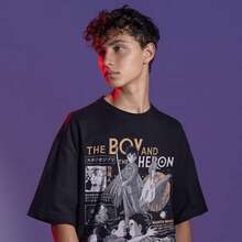 220g Pure Cotton Short-Sleeved T-Shirt With A Vintage Anime Print, Ideal For Men And Women. Thick Fabric, Resistant To Wrinkles And Deformation. Simple And Versatile Style, Lightweight And Breathable, Perfect For Work, Travel, Camping, Shopping, And Leisure. - 黑色 - 查看 1