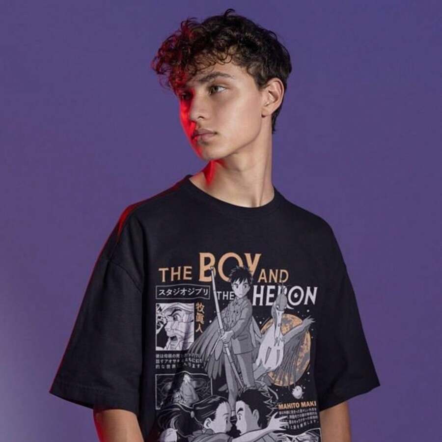 220g Pure Cotton Short-Sleeved T-Shirt With A Vintage Anime Print, Ideal For Men And Women. Thick Fabric, Resistant To Wrinkles And Deformation. Simple And Versatile Style, Lightweight And Breathable, Perfect For Work, Travel, Camping, Shopping, And Leisure. - 黑色 - 查看 1