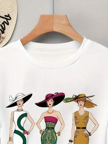 Camiseta Elegante de Arte Vintage con Estampado de Letras, Manga Corta 100% Algodón para Mujer, Cuello Redondo Esencial para Primavera y Verano 12289 - Blanco - Ver 5