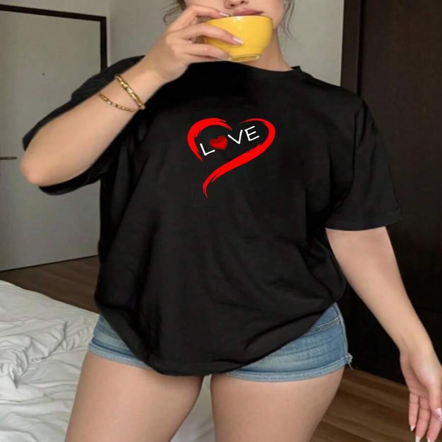 Women's Casual Cotton Short Sleeve Round Neck T-Shirt With Love Heart Print Regular Fit Top - 黑色 - 查看 1