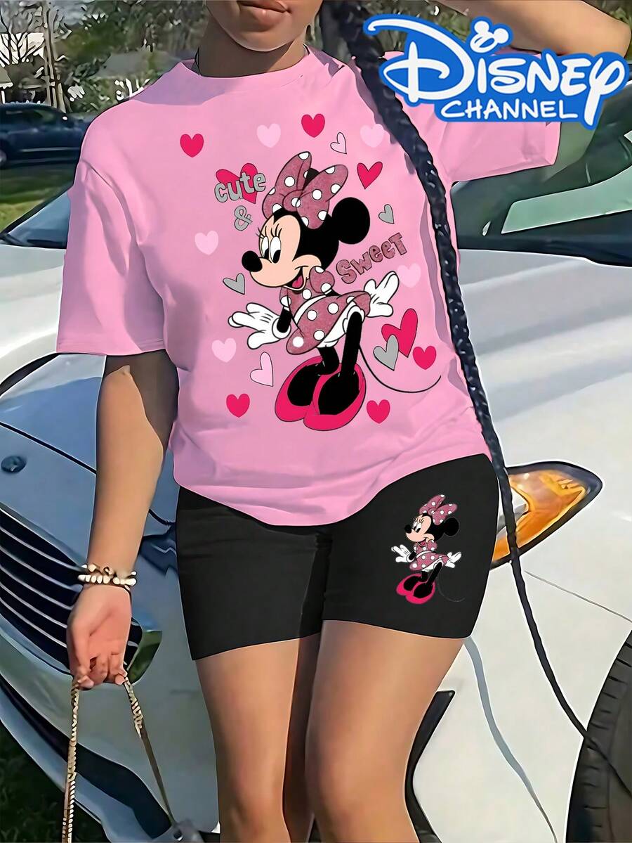 Disney,Women's Minnie Mouse Cute And Sweet Printed Pink T-Shirt And Cycling Shorts Set,Teen Summer Clothes,Disney Collaboration - Hồng - Xem 1