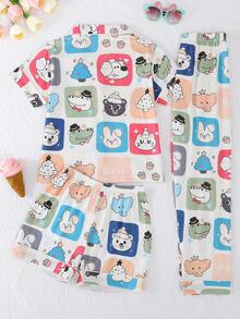 3pcs/Set Girls' Casual Cartoon Animal Print Polo Collar Short Sleeve Cardigan, Shorts & Pants Sleepwear Set, Flame Retardant, All Season - Multicolor - View 2