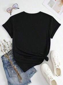 Camiseta de Cuello Redondo para Mujeres con Estampado de Gato Luminoso, Camiseta de Moda para Mujeres con Estampado de Gato Lindo, Camiseta de Manga Corta Casual, Blusa Promocional para Mujeres, Comodidad para Todas las EstacionesPure-Cotton - Negro - Ver 3