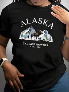 Camiseta de manga corta para mujer con estampado de alce de Alaska, negra, informal, de cuello redondo, para moda de verano, 100% algodón. - Negro - Ver 1
