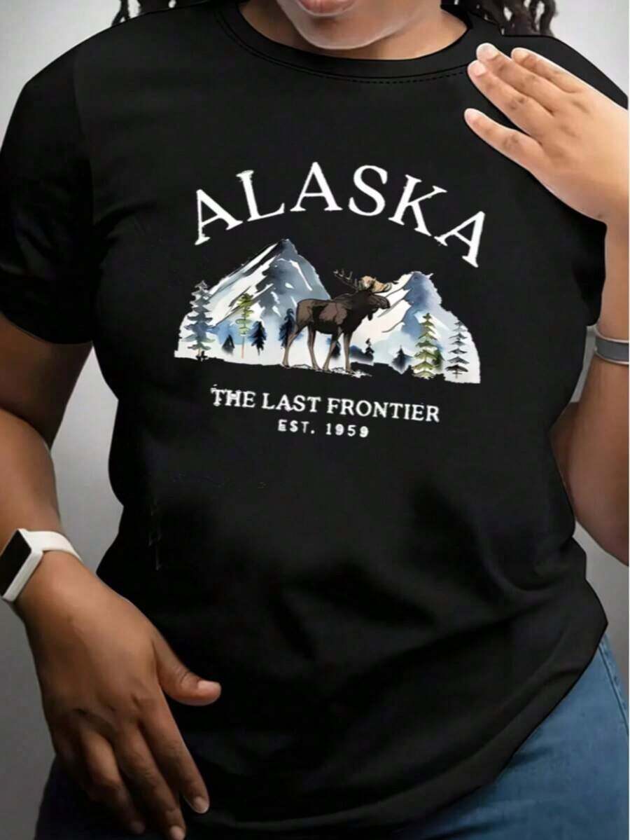 Camiseta de manga corta para mujer con estampado de alce de Alaska, negra, informal, de cuello redondo, para moda de verano, 100% algodón. - Negro - Ver 1