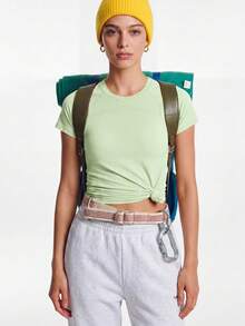 Leorrey 1pc Women's Fashionable Elastic Mesh Soft Comfortable Sports T-Shirt - Green - View 9