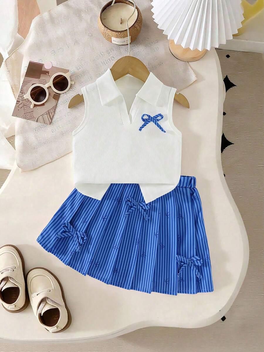 Girls' V-Neck Ribbed Knit Tank Top + Striped Butterfly Print Skirt 2Pcs Set, Suitable For Daily Wear, Outdoor Activities And Events, Spring/Summer - Royal Blue - View 1