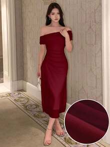 Vestido de hombros abiertos de unicolor, vestido de fiesta elegante para cumpleaños, Año Nuevo, baile de graduación, vestido de cóctel de hombros descubiertos de largo maxi - Burdeos - Ver 1