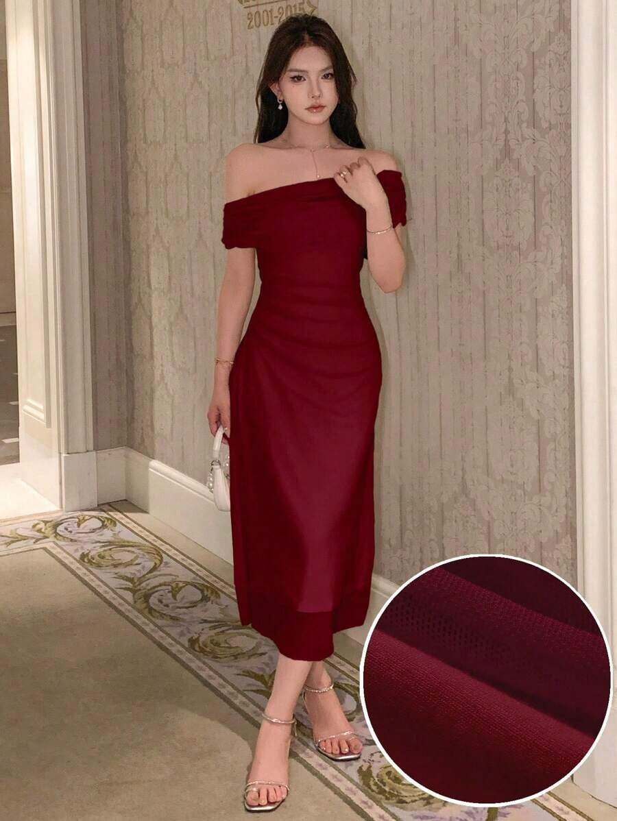 Vestido de hombros abiertos de unicolor, vestido de fiesta elegante para cumpleaños, Año Nuevo, baile de graduación, vestido de cóctel de hombros descubiertos de largo maxi - Burdeos - Ver 1