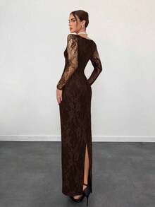 Vestido negro ajustado hasta el suelo con cuello corsé ahuecado y mangas largas con encaje en forma de S sexy para mujer para fiestas, citas y banquetes de otoño/invierno nuevo - Marrón - Ver 2