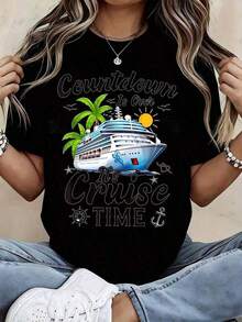 Summer TopsWomen Cruise Vacation Countdown Is Over Its Cruise Time Ship Palm Tree Sun Design Pure Cotton Women Casual Round Neck T Shirt Soft Comfortable Stretch Fabric Suitable For Travel Holiday Daily Wear Four Seasons Wear Festival Wear Casual StyleLoose And ComfortableSummer Clothes Summer Tops - 黑色 - 查看 6