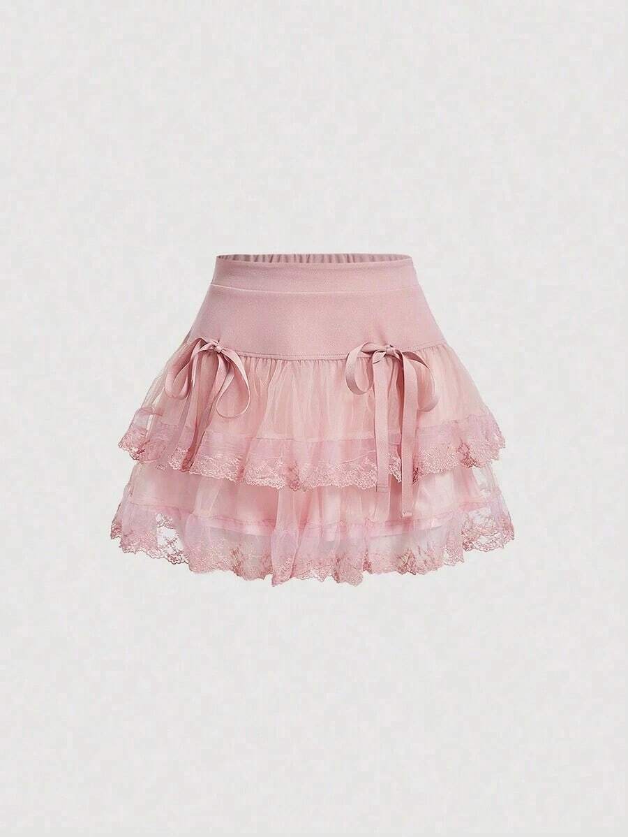 MOD Falda de malla de doble capa con decoración de lazo y dobladillo con volantes para mujer - Rosa - Ver 1