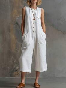 New Spring-Summer Jumpsuit For Women, Retro Casual Style, Sleeveless, White, Linen And Cotton, 3/4 Wide Leg, Flattering Design, Perfect For Daytime Looks, Walks And Holidays - 白色 - 查看 6
