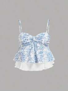 Top de tirantes con volantes y pliegues de color rosa dulce para mujer, top corto de verano - Azul y blanco - Ver 1