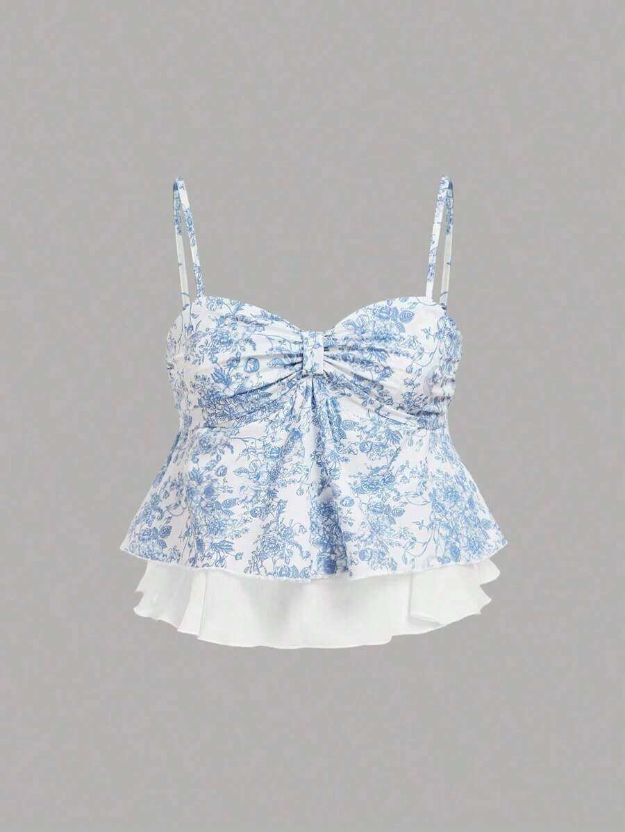 Top de tirantes con volantes y pliegues de color rosa dulce para mujer, top corto de verano - Azul y blanco - Ver 1
