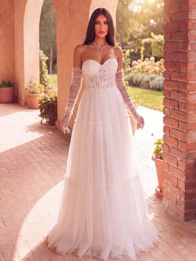 Faeriesty Elegant Strapless Lace Wedding Dress For Brides, With Waist-Cinching Top And Sheer Sleeves | Multi-Layer Sheer Tulle Skirt And Tie-Back Design | Romantic Bridal Gown Suitable For Wedding Ceremony, Wedding Photography, Outdoor Lawn Wedding, Beach Wedding