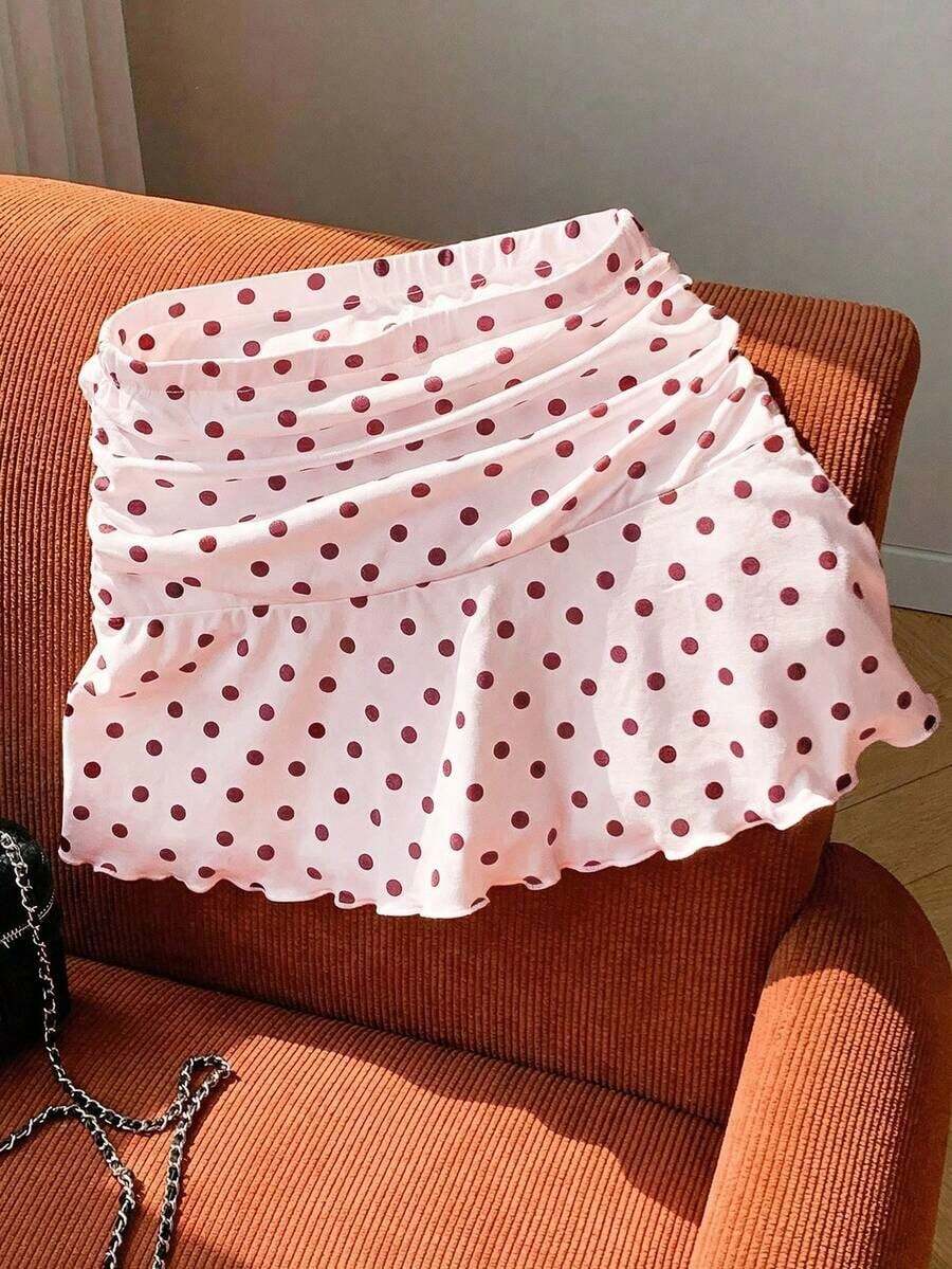 Minifalda acampanada fruncida con estampado de lunares para el verano - Rosa 2 - Ver 1