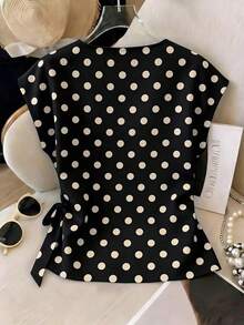 Nueva camiseta de satén de verano para mujer con cuello redondo y lunares elegante - Negro - Ver 2
