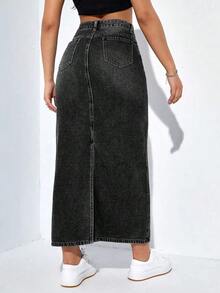Falda larga de mezclilla desgastada para mujer - Negro 2 - Ver 2