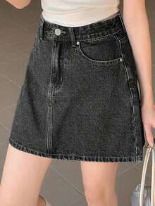 Falda vaquera casual de unicolor con bolsillos para mujer - Gris Oscuro - Ver 3