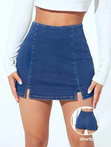 Falda pantalón informal de mezclilla con corte alto y dobladillo con doble abertura para mujer - Azul lavado oscuro - Ver 5