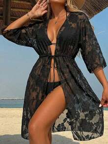 Vestido playero de manga larga con hombros descubiertos y cinturón en la cintura, de color sólido y jacquard, para mujer, negro, para vacaciones de verano. - Negro 2 - Ver 1