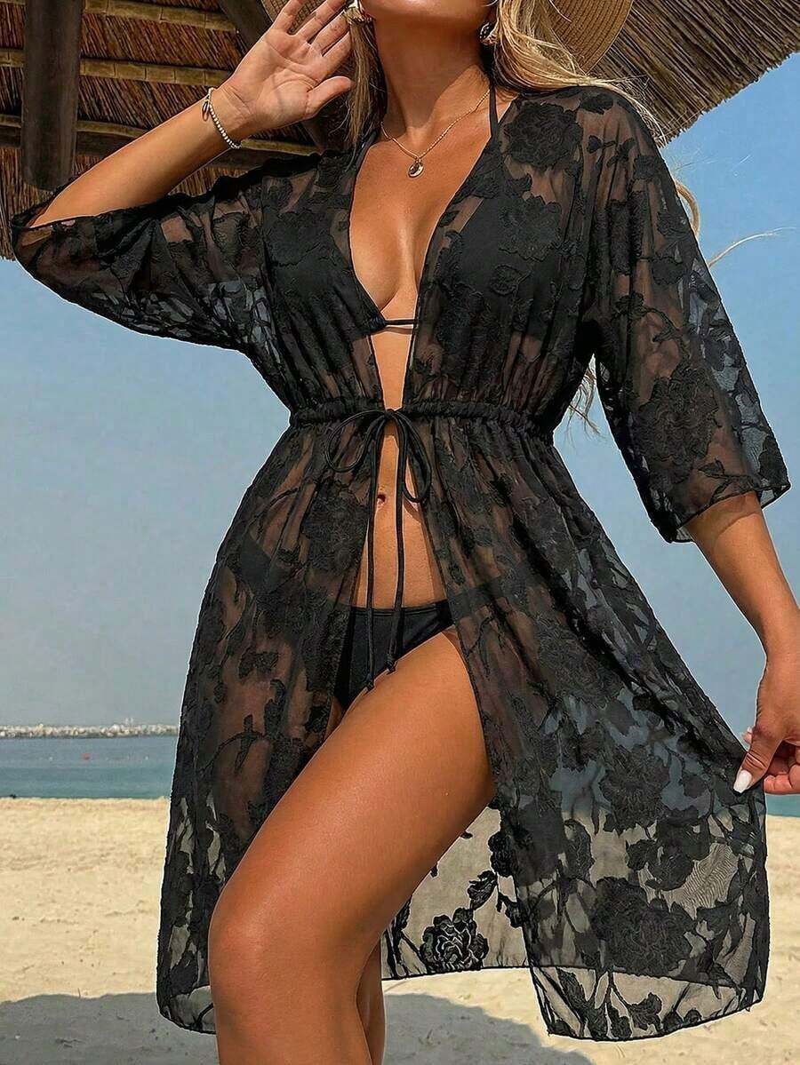 Vestido playero de manga larga con hombros descubiertos y cinturón en la cintura, de color sólido y jacquard, para mujer, negro, para vacaciones de verano. - Negro 2 - Ver 1