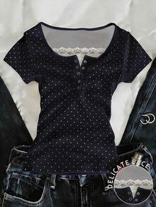 Camiseta de mujer de manga corta con efecto de dos piezas con encaje especial - Multicolor 4 - Ver 7