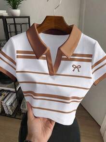 Blusa casual de mujer con cuello polo a rayas y manga corta - Blanco 6 - Ver 6