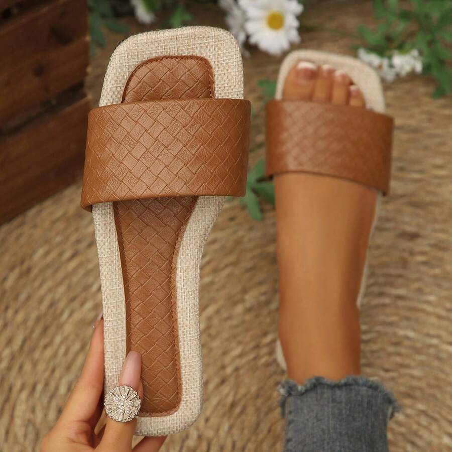 1 Pair Vacation Style Color Block Slip-On Sandals, Women's Flat Square Toe Beach Slippers, Linen Pattern Flip Flops, Versatile Summer Outdoor Wear - Brown - View 1
