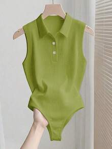 Elegante body de punto blanco con cuello vuelto y media cremallera, body de mujer para primavera/verano, ideal para vacaciones y playa - Verde - Ver 3