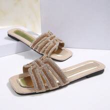 1 Pasang Sandal Selop Gaya Liburan dengan Blok Warna, Sandal Pantai Wanita Ujung Persegi Datar, Sandal Jepit Motif Linen, Pakaian Luar Ruangan Musim Panas Serbaguna - Emas - View 6