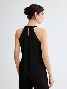 Blusa sin mangas con cuello halter y escote de ojo de cerradura para mujer, versátil para ocasiones románticas, elegantes, de oficina, para maestras, invitadas de boda, en otoño - Negro - Ver 2