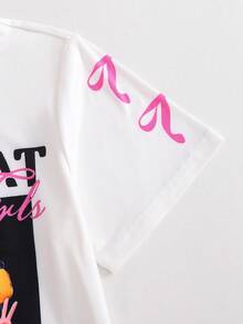 Set de 2 piezas de camiseta de manga corta con estampado de niña y lazo + pantalones de pierna ancha rosa con bolsillos para niñas en verano - Rosa - Ver 8