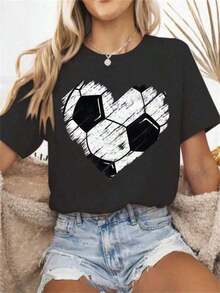 1 pieza [Camiseta Deportiva] Camiseta de Mujer con Diseño de Corazón de Fútbol - Diseño de Fútbol en Blanco y Negro, Camiseta Casual de Cuello Redondo, Cómoda para Usar en Todas las Temporadas, Perfecta para Fanáticos del Deporte y Ropa Casual, Fútbol, Corte Relajado, Talla Grande, 180g, 100% Algodón - Negro - Ver 8